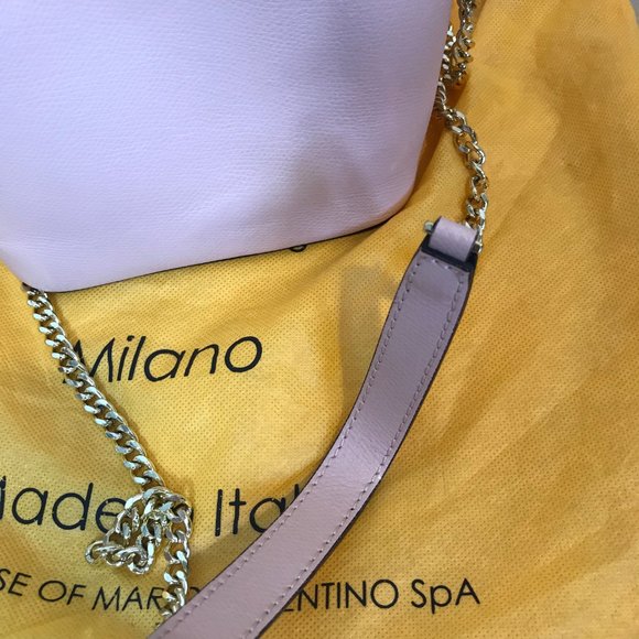 Valentino by Mario Valentino Bucket Bag Crossbody Purse Pink Leather Gold Chain - Picture 6 of 11